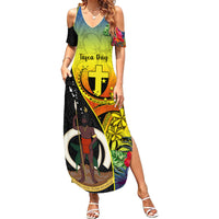 Vanuatu Tafea Day Summer Maxi Dress Coat Of Arms Mix Tropical Flowers LT14 Women Black - Polynesian Pride