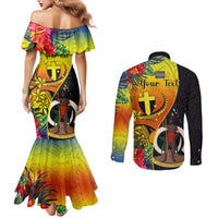 Personalised Vanuatu Tafea Day Couples Matching Mermaid Dress and Long Sleeve Button Shirts Coat Of Arms Mix Tropical Flowers LT14 - Polynesian Pride