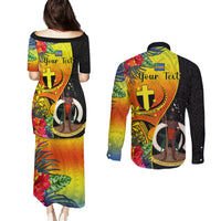 Personalised Vanuatu Tafea Day Couples Matching Puletasi Dress and Long Sleeve Button Shirts Coat Of Arms Mix Tropical Flowers LT14 - Polynesian Pride