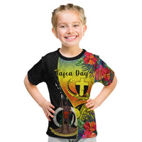 Personalised Vanuatu Tafea Day Kid T Shirt Coat Of Arms Mix Tropical Flowers LT14 Black - Polynesian Pride