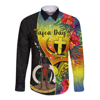 Personalised Vanuatu Tafea Day Long Sleeve Button Shirt Coat Of Arms Mix Tropical Flowers LT14 Unisex Black - Polynesian Pride