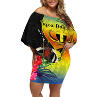 Personalised Vanuatu Tafea Day Off Shoulder Short Dress Coat Of Arms Mix Tropical Flowers LT14 Women Black - Polynesian Pride