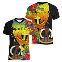 personalised-vanuatu-tafea-day-women-v-neck-t-shirt-coat-of-arms-mix-tropical-flowers