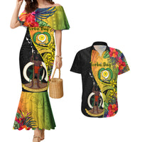 Vanuatu Torba Day Couples Matching Mermaid Dress and Hawaiian Shirt Coat Of Arms Mix Tropical Flowers LT14 Black - Polynesian Pride