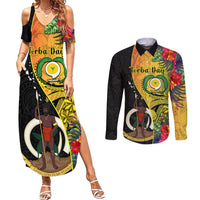 Vanuatu Torba Day Couples Matching Summer Maxi Dress and Long Sleeve Button Shirts Coat Of Arms Mix Tropical Flowers LT14 Black - Polynesian Pride