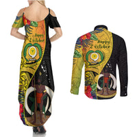 Vanuatu Torba Day Couples Matching Summer Maxi Dress and Long Sleeve Button Shirts Coat Of Arms Mix Tropical Flowers LT14 - Polynesian Pride