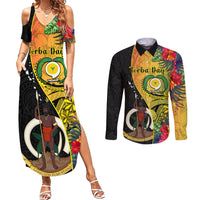 personalised-vanuatu-torba-day-couples-matching-summer-maxi-dress-and-long-sleeve-button-shirts-coat-of-arms-mix-tropical-flowers