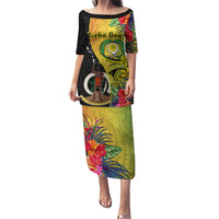 Personalised Vanuatu Torba Day Puletasi Coat Of Arms Mix Tropical Flowers LT14 Long Dress Black - Polynesian Pride