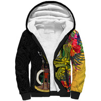 Personalised Vanuatu Torba Day Sherpa Hoodie Coat Of Arms Mix Tropical Flowers LT14 Unisex Black - Polynesian Pride