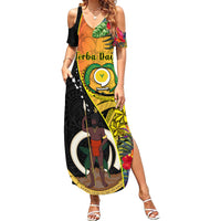 Personalised Vanuatu Torba Day Summer Maxi Dress Coat Of Arms Mix Tropical Flowers LT14 Women Black - Polynesian Pride