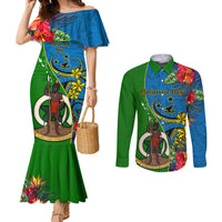 Vanuatu Malampa Day Couples Matching Mermaid Dress and Long Sleeve Button Shirts Coat Of Arms Mix Tropical Flowers LT14 Green - Polynesian Pride