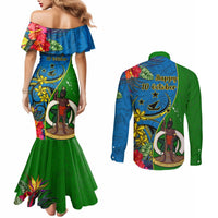 Vanuatu Malampa Day Couples Matching Mermaid Dress and Long Sleeve Button Shirts Coat Of Arms Mix Tropical Flowers LT14 - Polynesian Pride