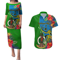 vanuatu-malampa-day-couples-matching-puletasi-dress-and-hawaiian-shirt-coat-of-arms-mix-tropical-flowers