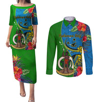 Vanuatu Malampa Day Couples Matching Puletasi Dress and Long Sleeve Button Shirts Coat Of Arms Mix Tropical Flowers LT14 Green - Polynesian Pride