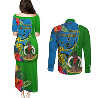Vanuatu Malampa Day Couples Matching Puletasi Dress and Long Sleeve Button Shirts Coat Of Arms Mix Tropical Flowers LT14 - Polynesian Pride