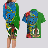 personalised-vanuatu-malampa-day-couples-matching-long-sleeve-bodycon-dress-and-hawaiian-shirt-coat-of-arms-mix-tropical-flowers