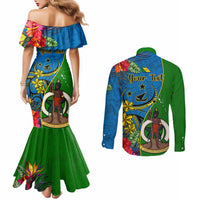 Personalised Vanuatu Malampa Day Couples Matching Mermaid Dress and Long Sleeve Button Shirts Coat Of Arms Mix Tropical Flowers LT14 - Polynesian Pride