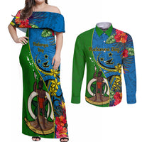Personalised Vanuatu Malampa Day Couples Matching Off Shoulder Maxi Dress and Long Sleeve Button Shirts Coat Of Arms Mix Tropical Flowers LT14 Green - Polynesian Pride