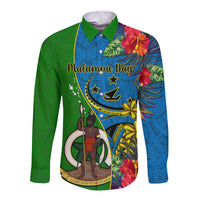 Personalised Vanuatu Malampa Day Long Sleeve Button Shirt Coat Of Arms Mix Tropical Flowers LT14 Unisex Green - Polynesian Pride