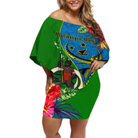 Personalised Vanuatu Malampa Day Off Shoulder Short Dress Coat Of Arms Mix Tropical Flowers LT14 Women Green - Polynesian Pride