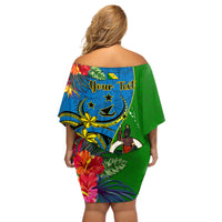 Personalised Vanuatu Malampa Day Off Shoulder Short Dress Coat Of Arms Mix Tropical Flowers LT14 - Polynesian Pride