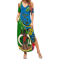 Personalised Vanuatu Malampa Day Summer Maxi Dress Coat Of Arms Mix Tropical Flowers LT14 Women Green - Polynesian Pride