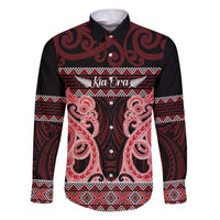 Kia Ora New Zealand Family Matching Off The Shoulder Long Sleeve Dress and Hawaiian Shirt Maori Language Week Whero Taniko Motif - Polynesian Pride