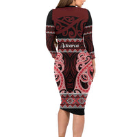 Kia Ora New Zealand Long Sleeve Bodycon Dress Maori Language Week Whero Taniko Motif - Polynesian Pride