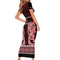Kia Ora New Zealand Short Sleeve Bodycon Dress Maori Language Week Whero Taniko Motif - Polynesian Pride