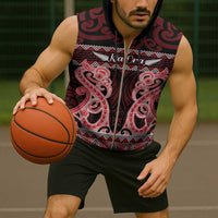 Kia Ora New Zealand Sleeveless Zip Hoodie Maori Language Week Whero Taniko Motif - Polynesian Pride