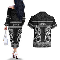 Kia Ora New Zealand Couples Matching Off The Shoulder Long Sleeve Dress and Hawaiian Shirt Maori Language Week Pango Taniko Motif - Polynesian Pride