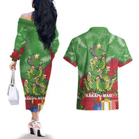 Kakapo New Zealand Christmas Couples Matching Off The Shoulder Long Sleeve Dress and Hawaiian Shirt Meri Kirihimete Pohutukawa - Green Color