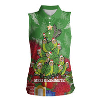 Kakapo New Zealand Christmas Women Sleeveless Polo Shirt Meri Kirihimete Pohutukawa - Green Color LT14 Female Green - Polynesian Pride