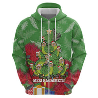 Kakapo New Zealand Christmas Zip Hoodie Meri Kirihimete Pohutukawa - Green Color
