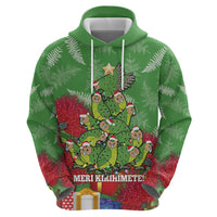Kakapo New Zealand Christmas Zip Hoodie Meri Kirihimete Pohutukawa - Green Color