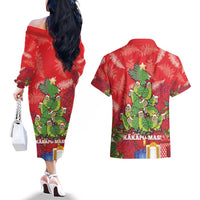 Kakapo New Zealand Christmas Couples Matching Off The Shoulder Long Sleeve Dress and Hawaiian Shirt Meri Kirihimete Pohutukawa - Red Color
