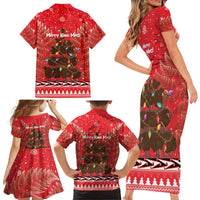 Kiwi New Zealand Christmas Family Matching Short Sleeve Bodycon Dress and Hawaiian Shirt Meri Kirihimete Silver Fern - Red Color