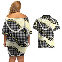 Black Palaka Hawaii Couples Matching Off Shoulder Short Dress and Hawaiian Shirt Kukui Nut Pikake Lei Hawaiian Tapa Pattern - Polynesian Pride