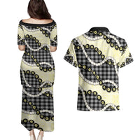 Black Palaka Hawaii Couples Matching Puletasi and Hawaiian Shirt Kukui Nut Pikake Lei Hawaiian Tapa Pattern LT14 - Polynesian Pride