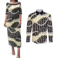 Black Palaka Hawaii Couples Matching Puletasi and Long Sleeve Button Shirt Kukui Nut Pikake Lei Hawaiian Tapa Pattern - Polynesian Pride