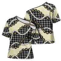 Black Palaka Hawaii Cross Shoulder Shirt Kukui Nut Pikake Lei Hawaiian Tapa Pattern - Polynesian Pride