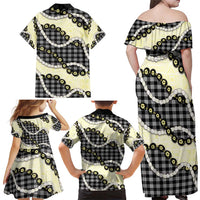 Black Palaka Hawaii Family Matching Off Shoulder Maxi Dress and Hawaiian Shirt Kukui Nut Pikake Lei Hawaiian Tapa Pattern - Polynesian Pride