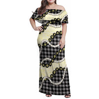 Black Palaka Hawaii Family Matching Off Shoulder Maxi Dress and Hawaiian Shirt Kukui Nut Pikake Lei Hawaiian Tapa Pattern - Polynesian Pride