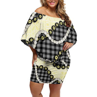 Black Palaka Hawaii Family Matching Off Shoulder Short Dress and Hawaiian Shirt Kukui Nut Pikake Lei Hawaiian Tapa Pattern - Polynesian Pride