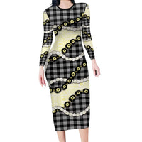 Black Palaka Hawaii Long Sleeve Bodycon Dress Kukui Nut Pikake Lei Hawaiian Tapa Pattern - Polynesian Pride