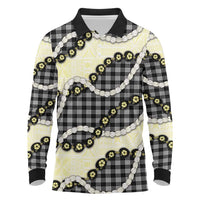 Black Palaka Hawaii Long Sleeve Polo Shirt Kukui Nut Pikake Lei Hawaiian Tapa Pattern - Polynesian Pride