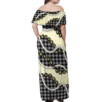 Black Palaka Hawaii Off Shoulder Maxi Dress Kukui Nut Pikake Lei Hawaiian Tapa Pattern - Polynesian Pride