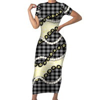 Black Palaka Hawaii Short Sleeve Bodycon Dress Kukui Nut Pikake Lei Hawaiian Tapa Pattern - Polynesian Pride