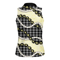 Black Palaka Hawaii Women Sleeveless Polo Shirt Kukui Nut Pikake Lei Hawaiian Tapa Pattern - Polynesian Pride