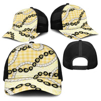 Yellow Palaka Hawaii Baseball Net Cap Kukui Nut Pikake Lei Hawaiian Tapa Pattern - Polynesian Pride
